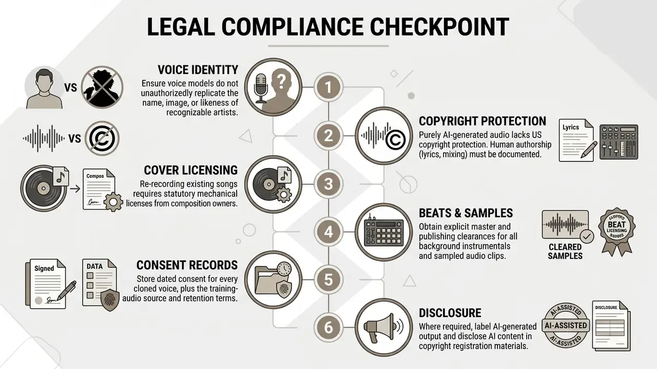 Numbered checklist outlining legal requirements for voice identity, copyright, and licensing in music production