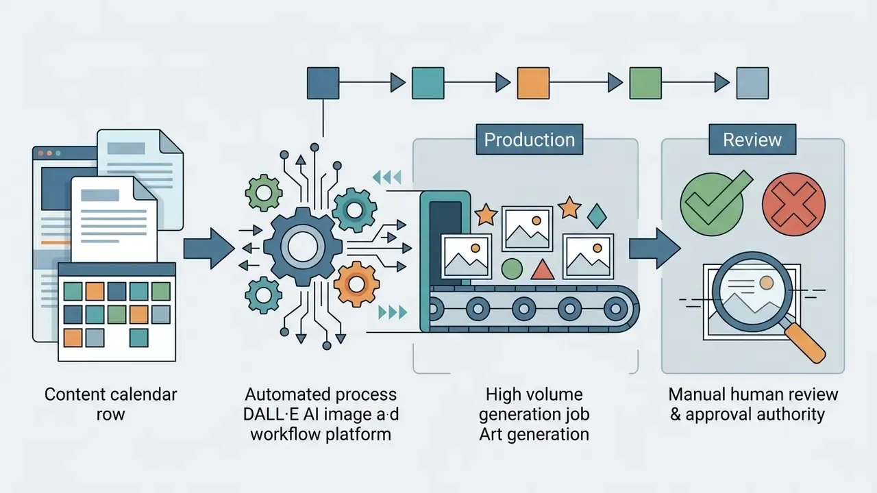 Content calendar data flowing through gears into a DALL-E AI image generator and a manual review queue
