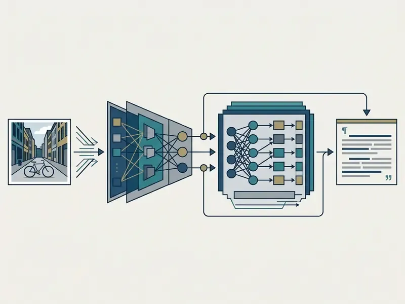 Diagram showing an input photo processed through a vision encoder and language decoder to create text