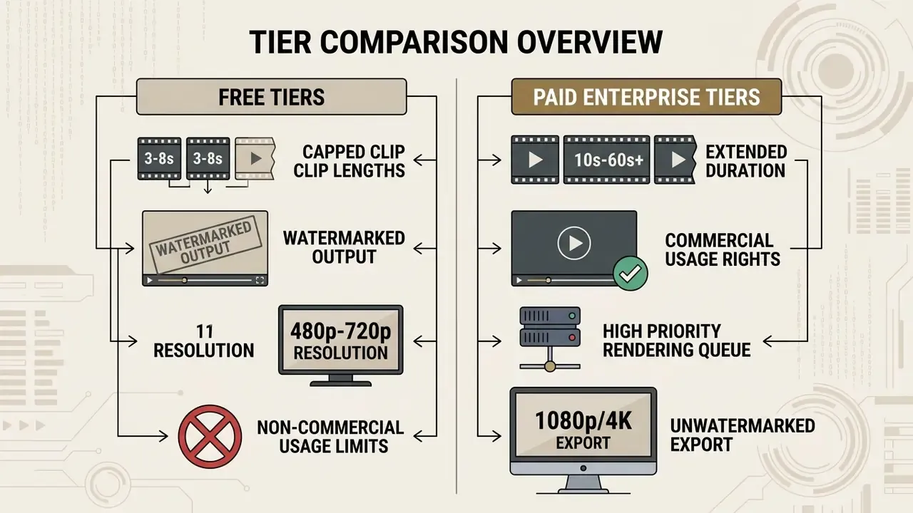 Comparison table contrasting the features and limitations of free versus paid AI video subscription tiers