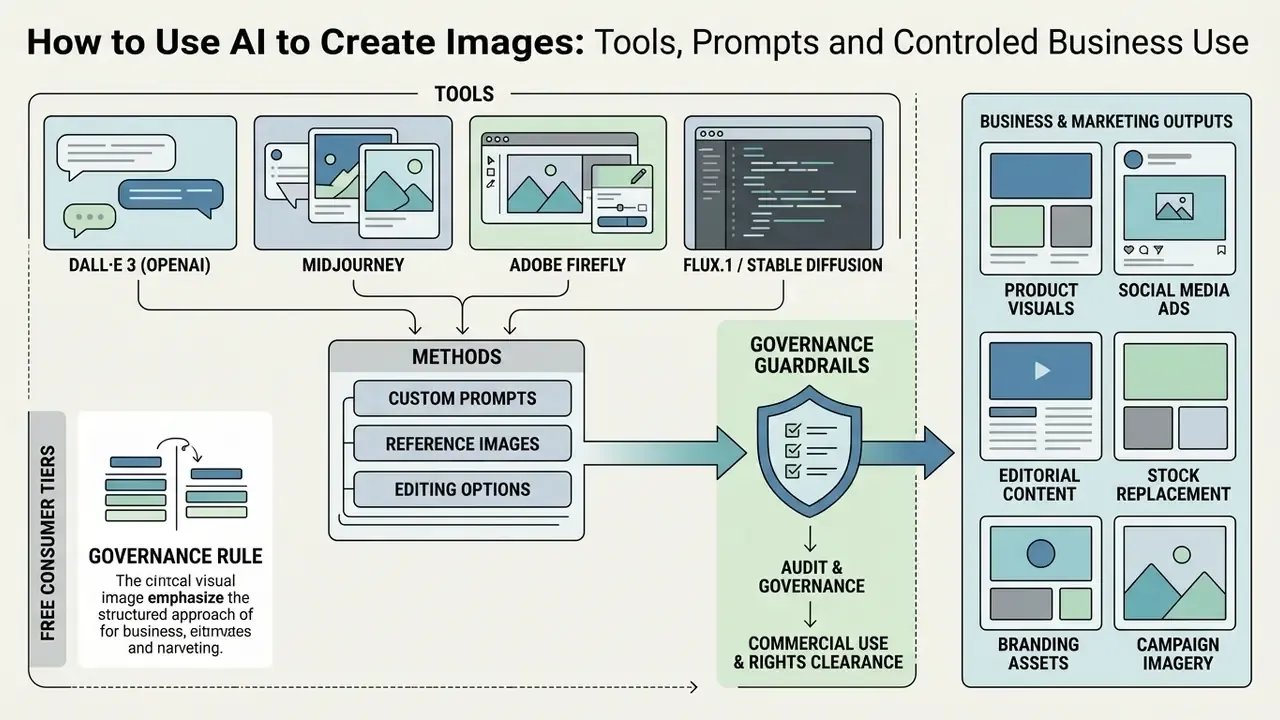 Summary chart showing AI tools, methods, and governance guardrails for creating business marketing assets