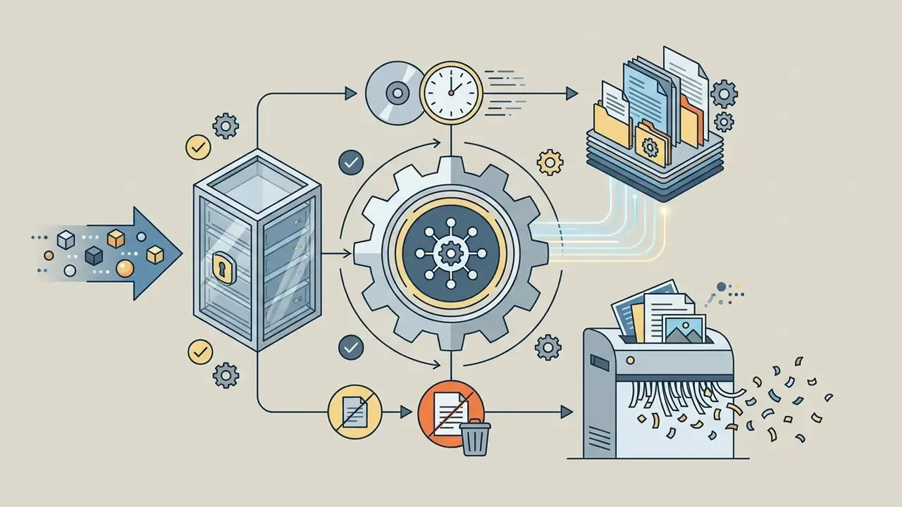 Server data flowing through a gear mechanism into organized storage folders or a document shredder