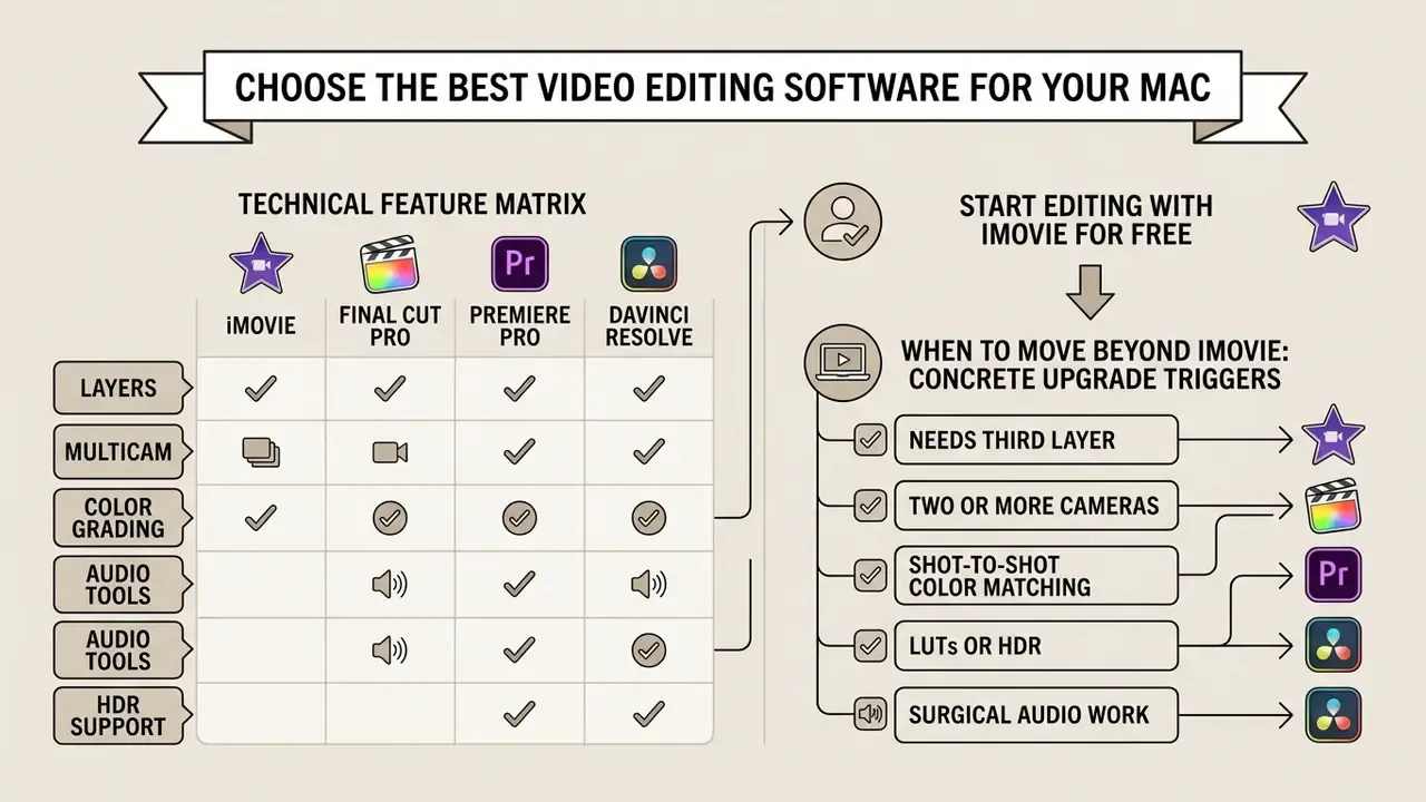 Infographic comparing Mac video editing software features and specific triggers for upgrading from iMovie