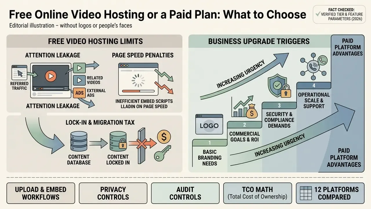 Comparison of free hosting limitations against a staircase of business upgrade triggers for paid services