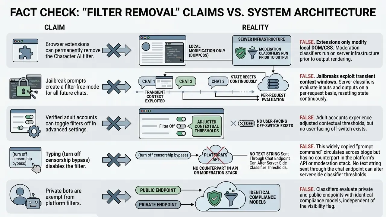 Comparison table debunking common myths about how to turn off character ai filter using system architecture