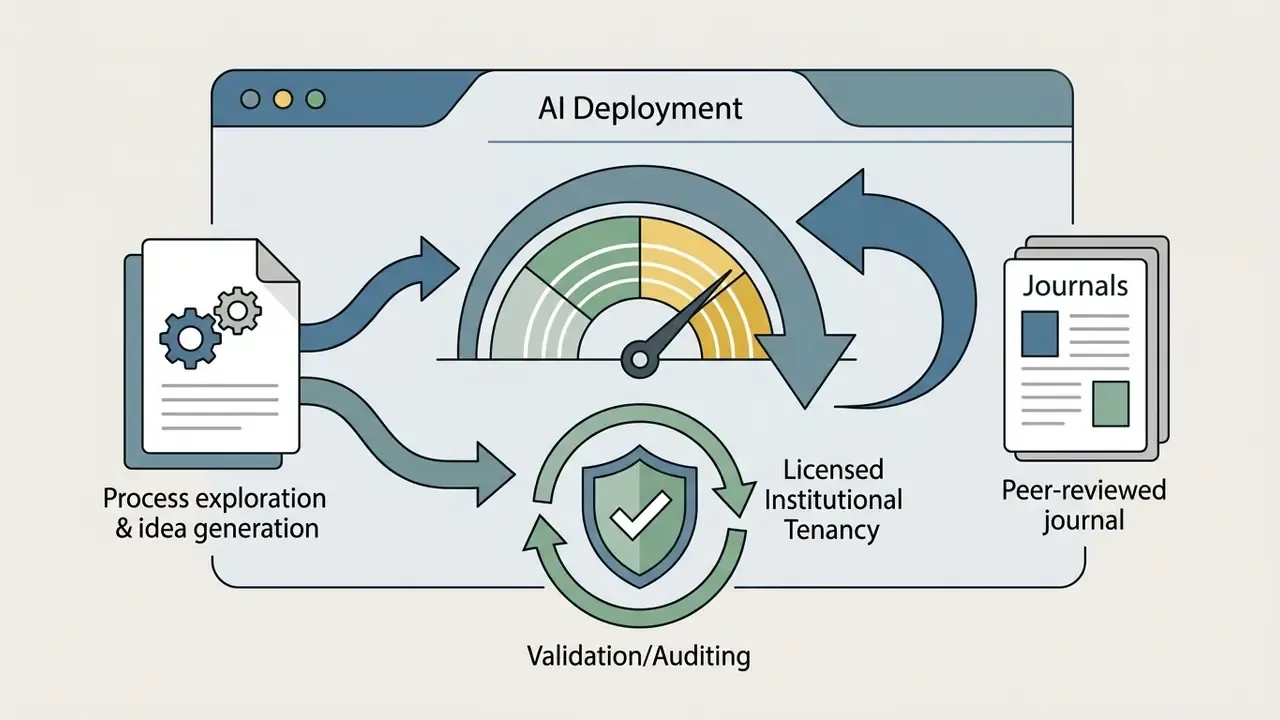 Exploratory process and peer-reviewed journals feeding into a gauge and validation shield for AI deployment