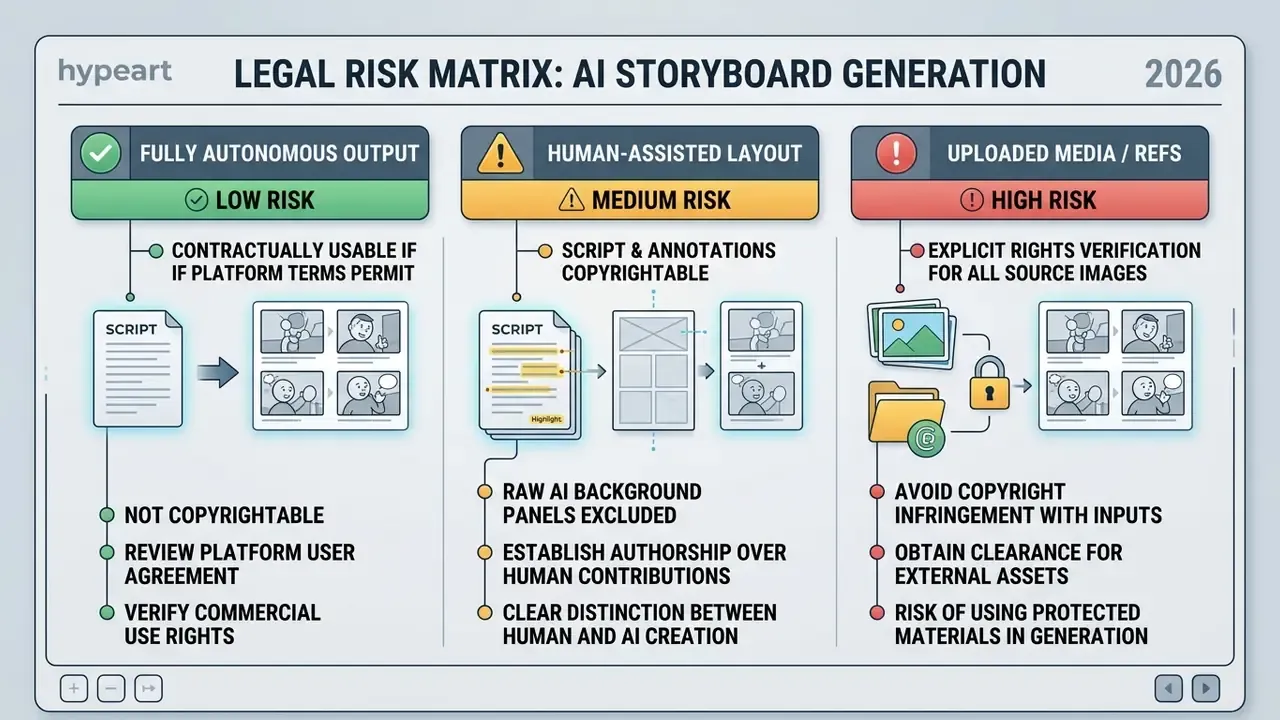Risk assessment matrix categorizing image generation methods by legal status and copyright requirements