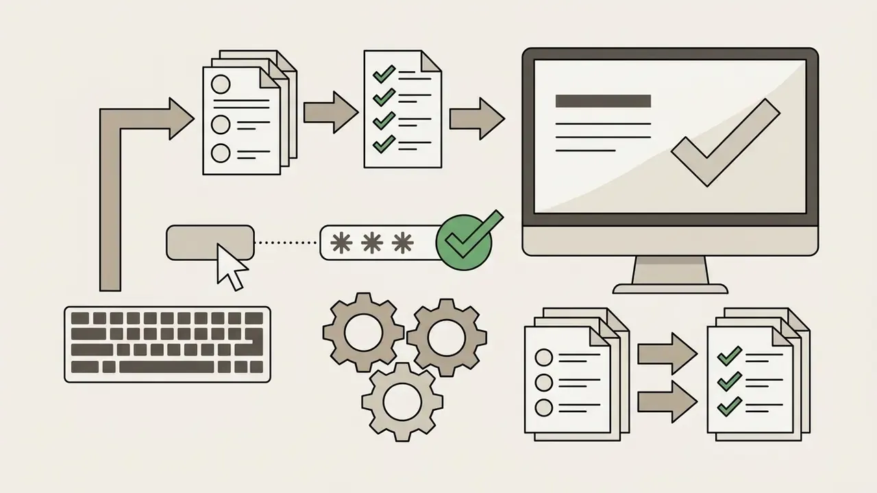 Computer screen showing a login process with password entry, document processing, and gear icons