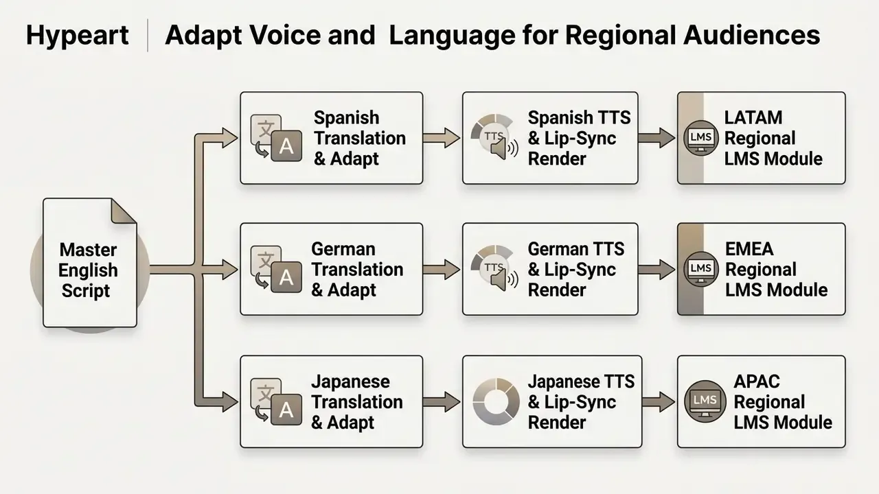 Flowchart showing a master English script branching into three language translation and rendering paths