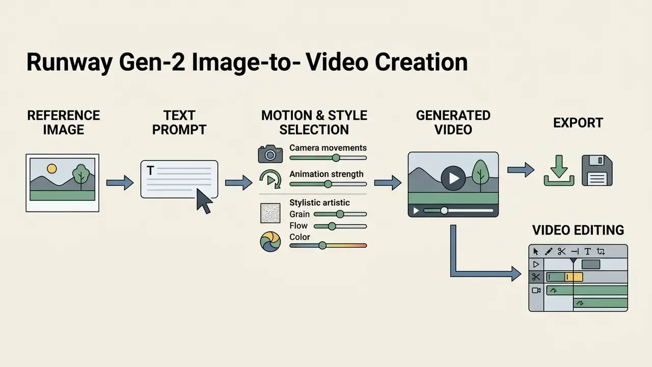 Step-by-step workflow diagram illustrating the Runway Gen 2 image to video generation process