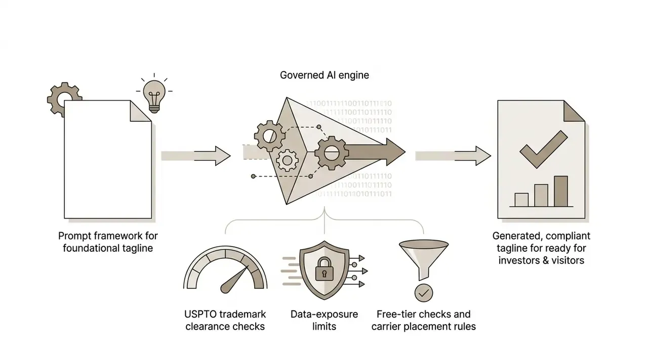 Workflow showing prompt inputs processed through a governed engine into compliant marketing taglines