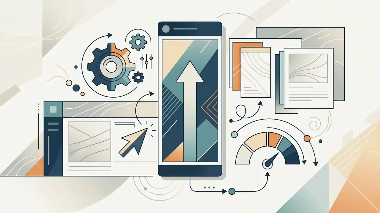 Vertical smartphone frame with an upward arrow surrounded by gear icons, cursor, and a performance gauge