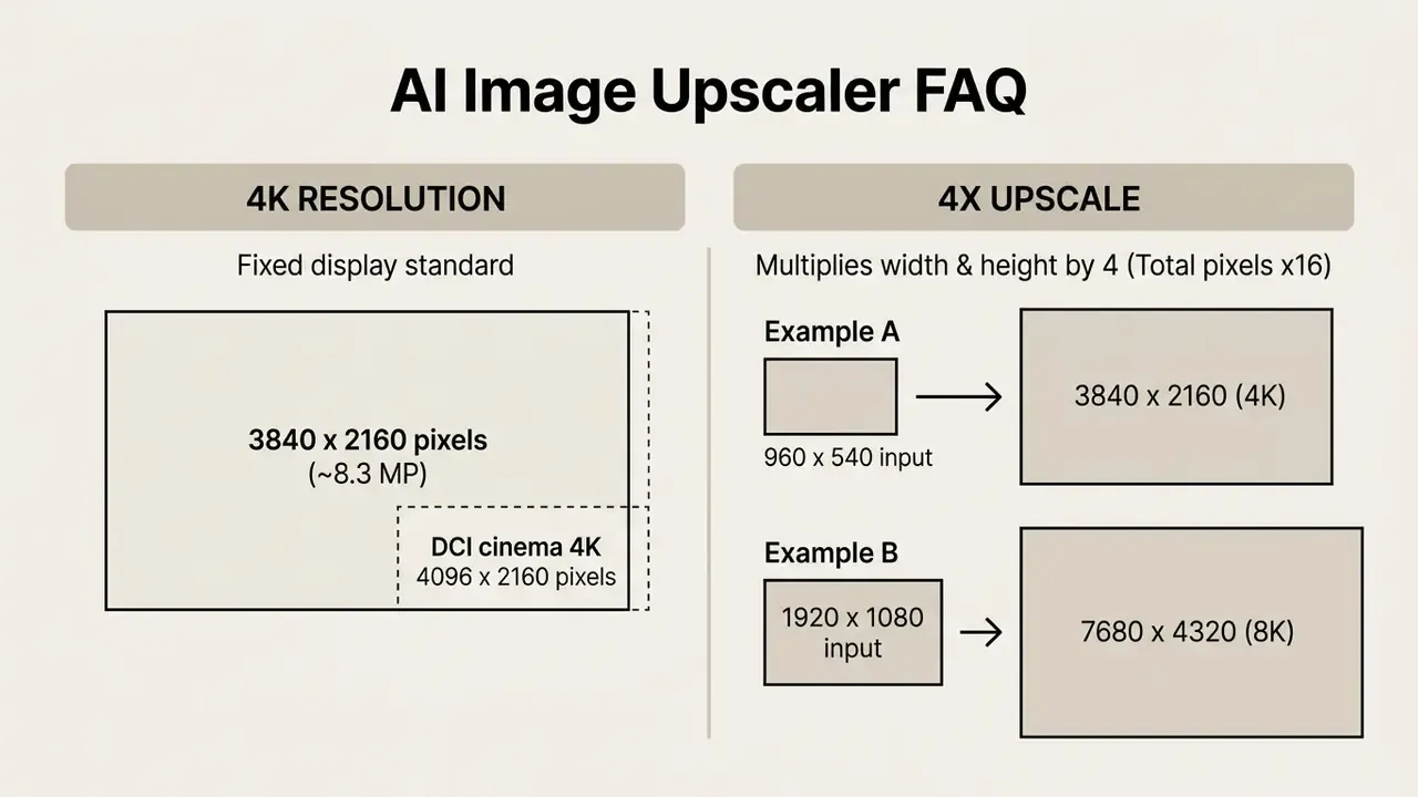 Visual guide comparing 4K resolution standards with examples of 4x upscaling pixel dimensions