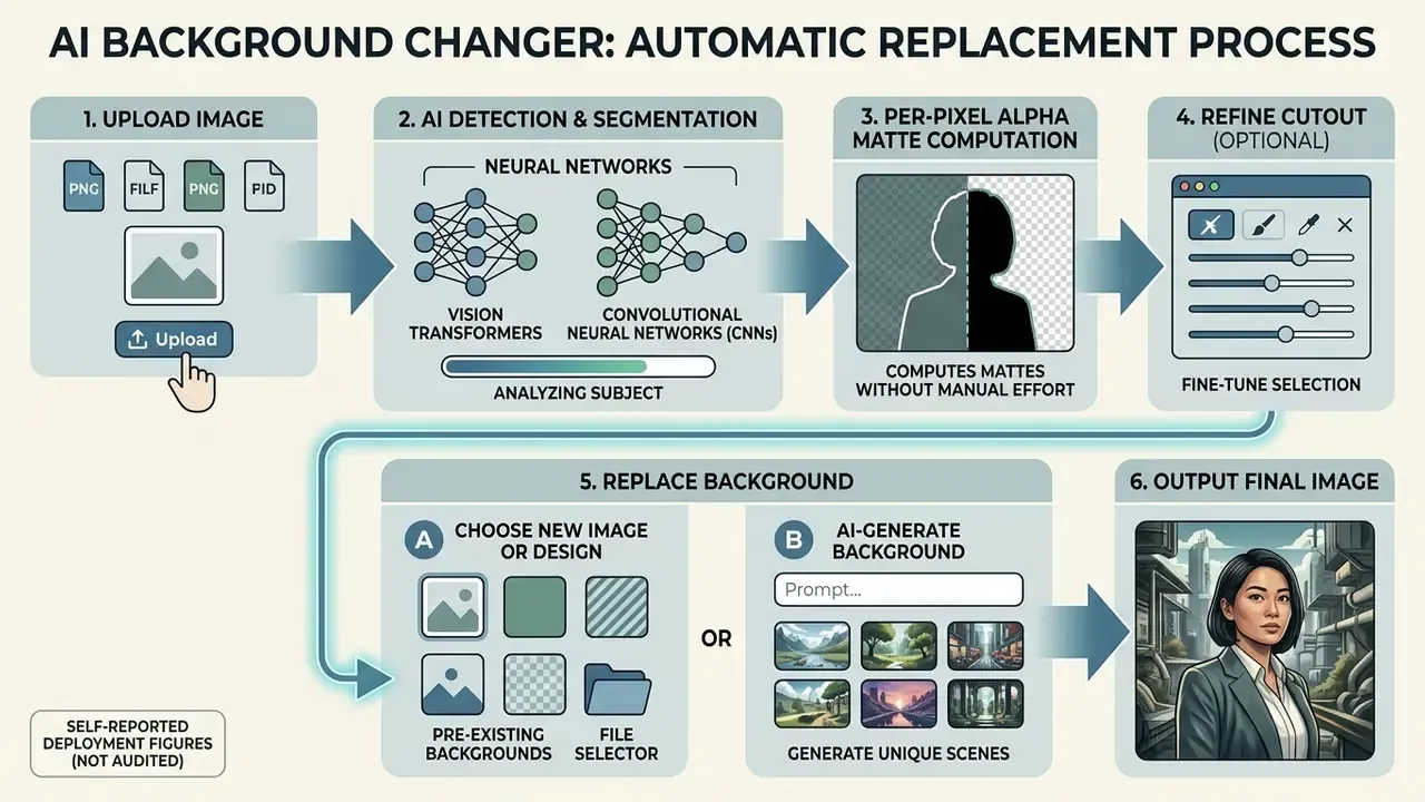 Infographic showing the six-step workflow of an AI background changer from image upload to final output