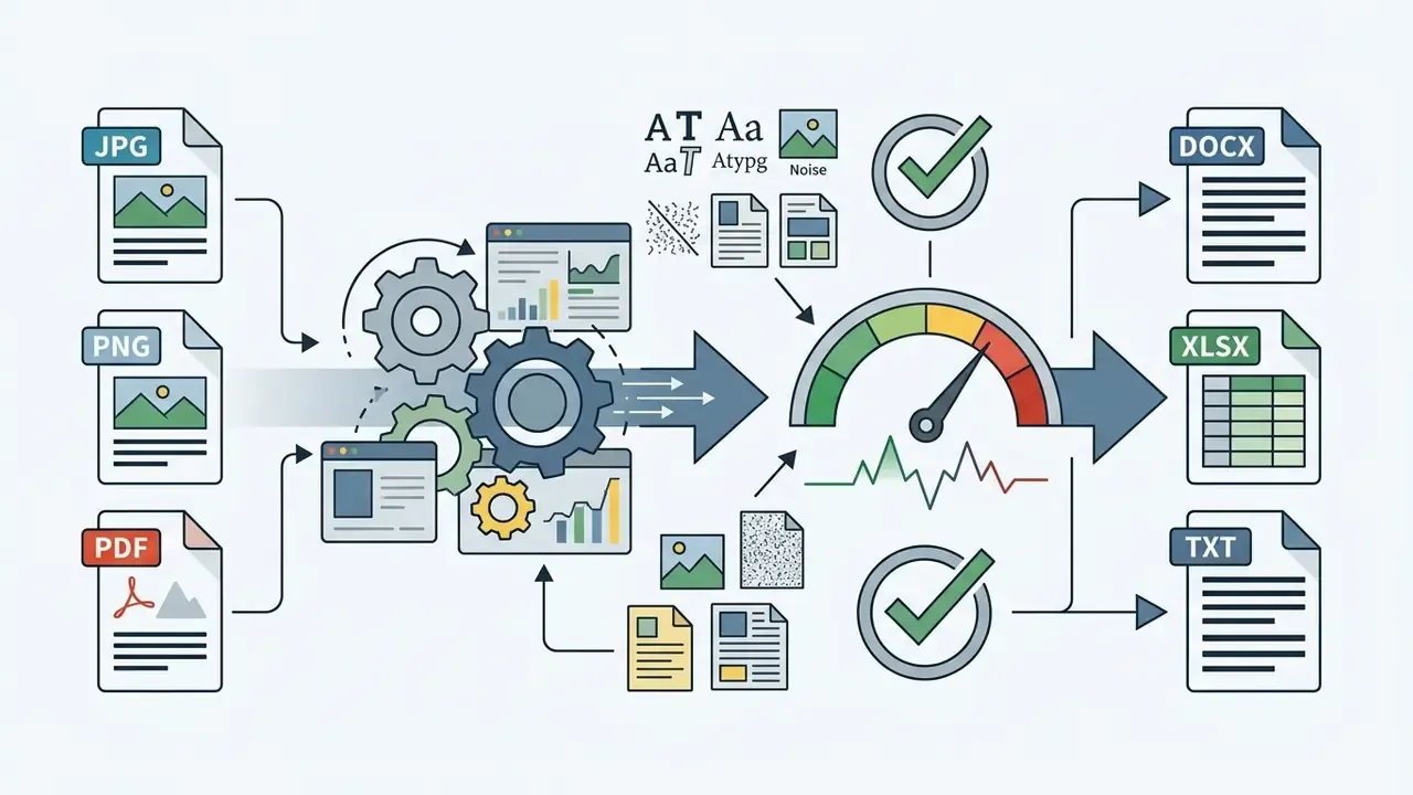 Gears and a speedometer gauge evaluating document processing quality and conversion accuracy