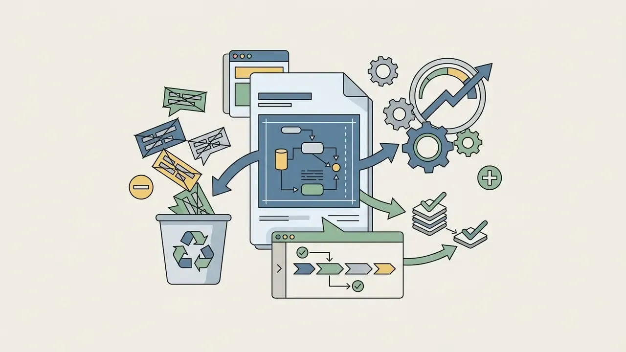 Discarding prompt text into a bin while processing refined workflow steps through gear mechanisms