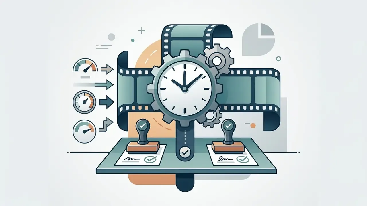 Clock gear mechanism and film strip alongside gauges and stamped documents representing review time