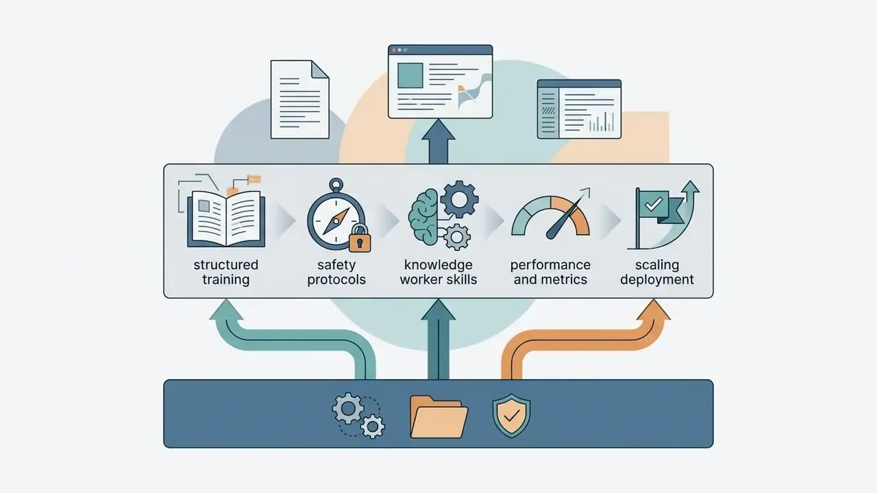 Training and safety icons flow through a linear path to generate performance metrics and deployment outcomes