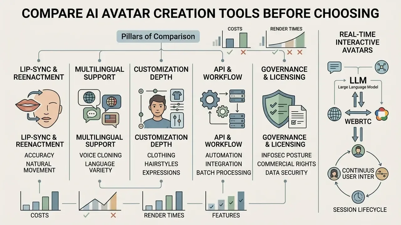 Comparison matrix detailing five key pillars for evaluating AI avatar creation tools and real-time systems