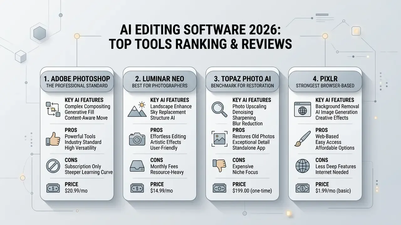 Comparison table listing key features, pros, cons, and pricing for Adobe Photoshop, Luminar Neo, Topaz Photo AI, and Pixlr