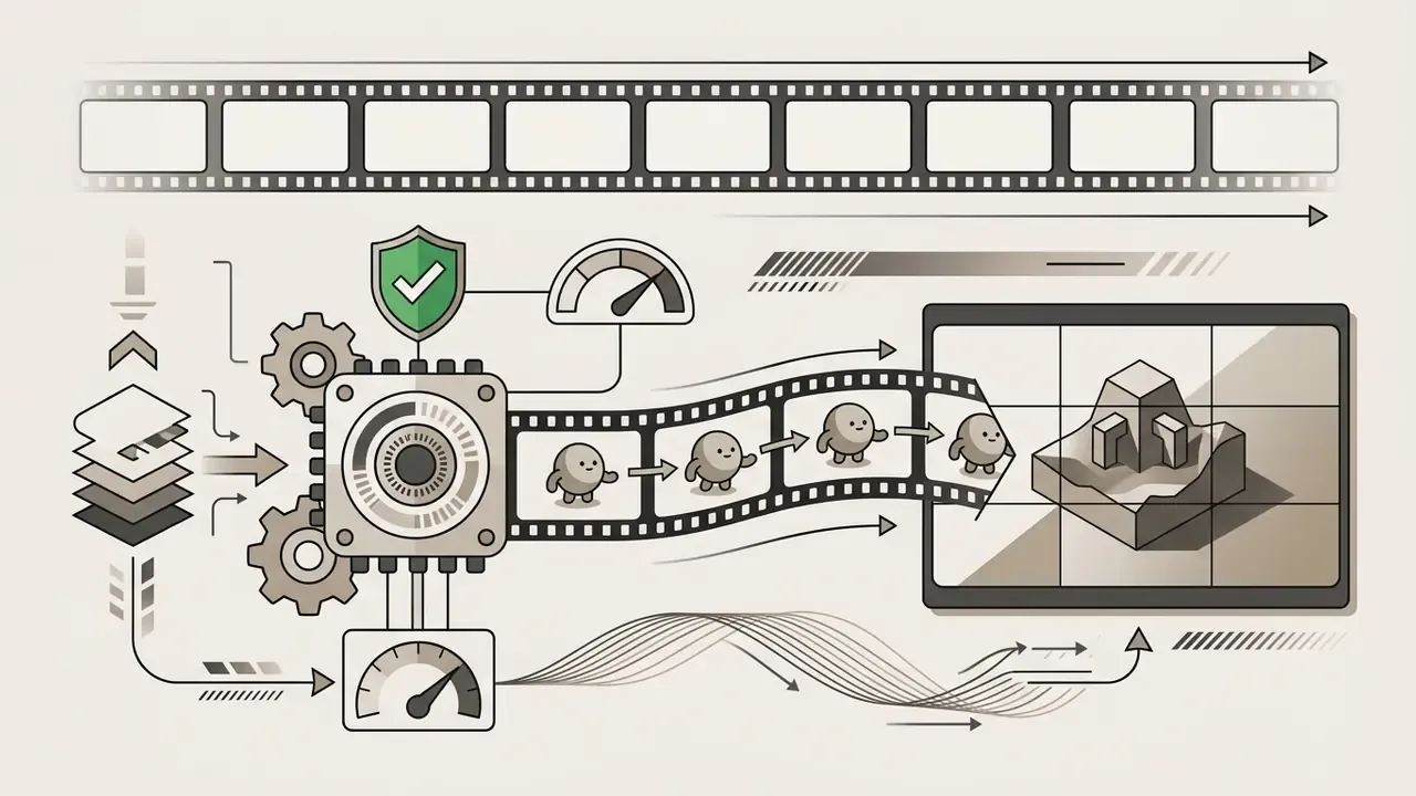 Data layers feeding into a central processor that animates character frames for a 3D grid display