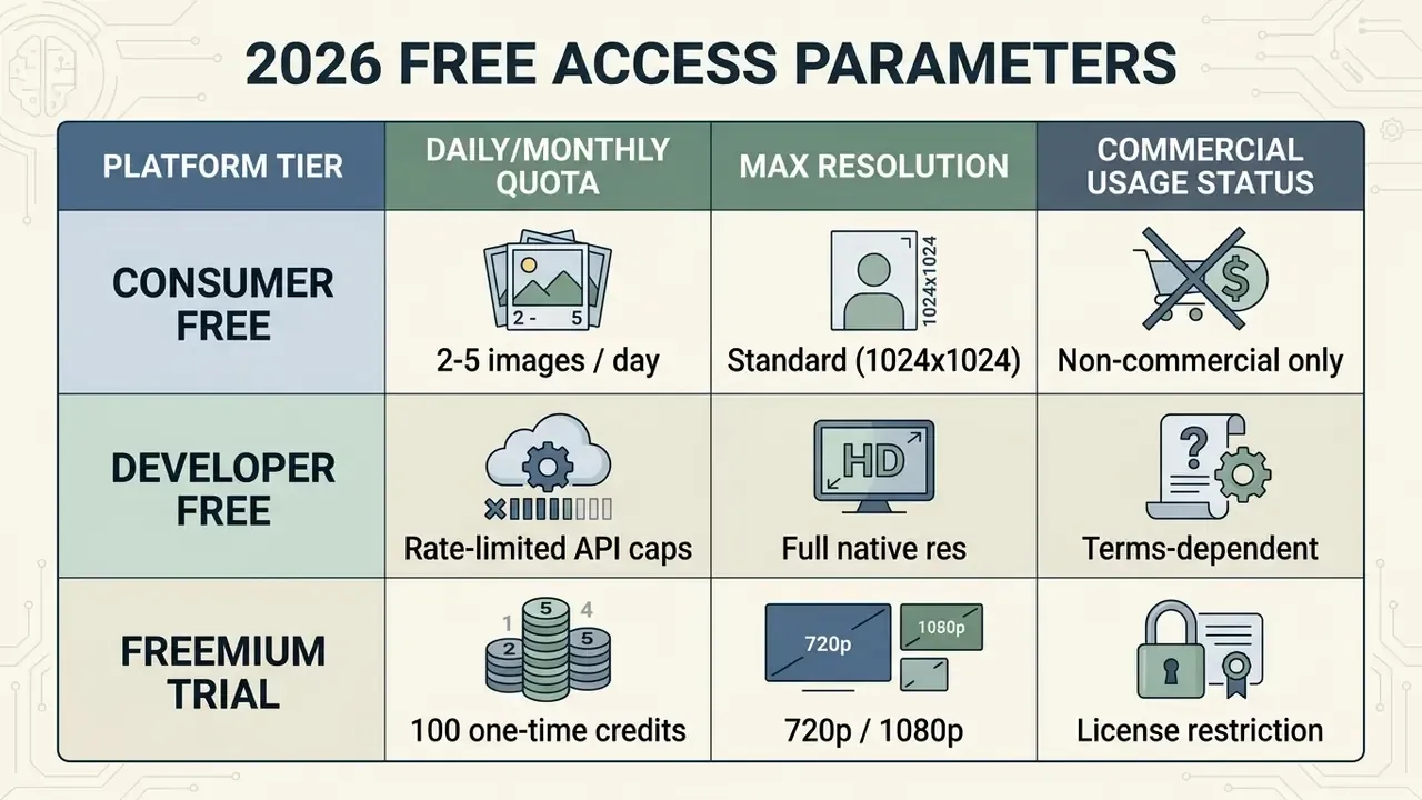 Comparison table detailing usage quotas, resolution limits, and commercial rights for three platform tiers
