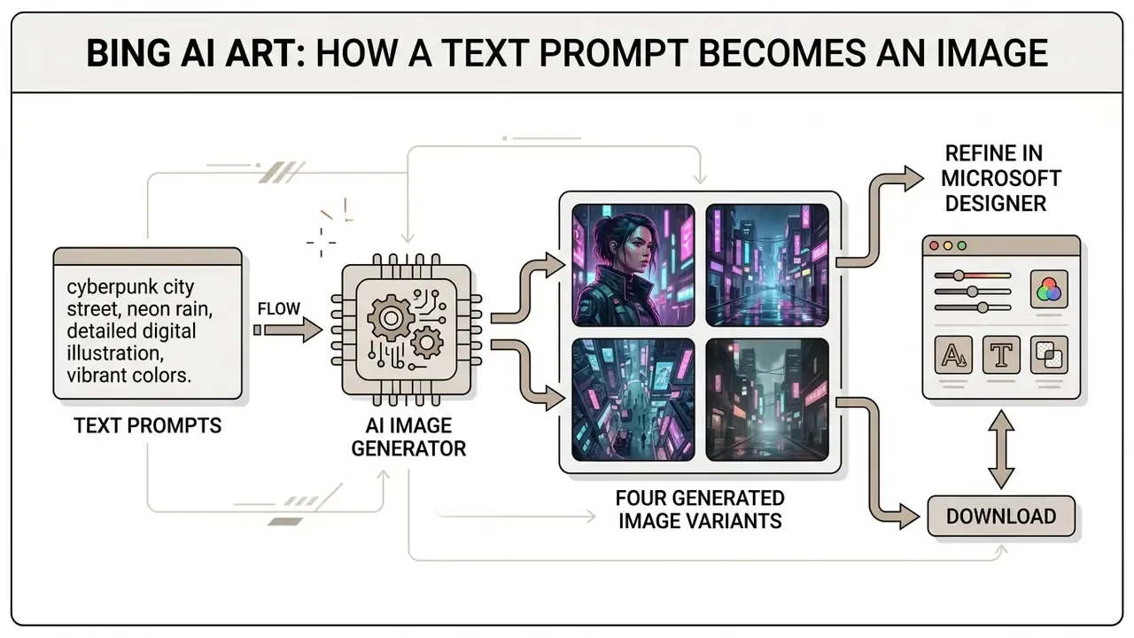 Diagram showing text prompts processed by an AI generator into four image variants for editing or download