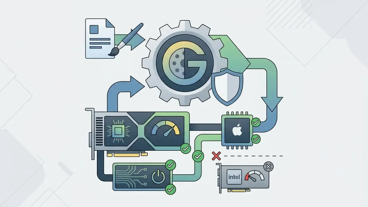 Hardware icons showing compatibility between graphics cards and processors for digital protection software