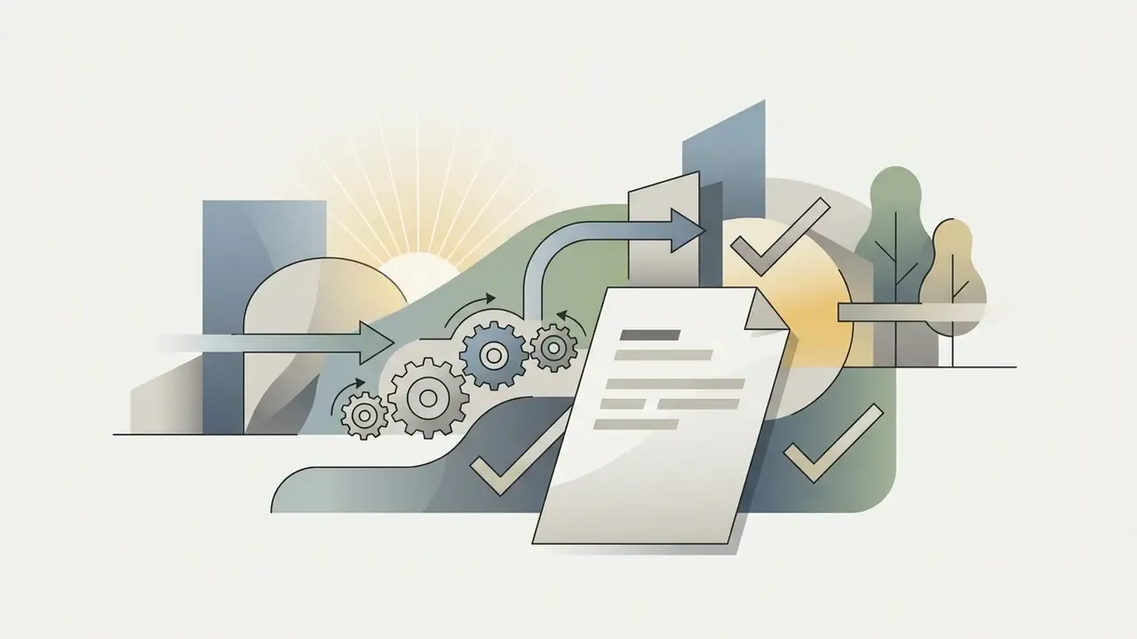 Abstract graphic showing interlocking gears and arrows guiding document processing toward completion