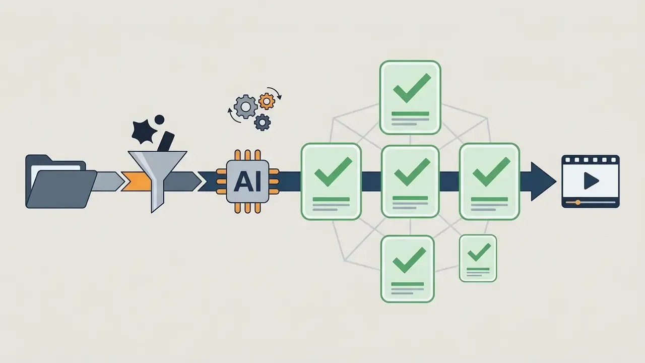 Data pipeline showing file filtering and AI processing leading to a series of validated compliance documents