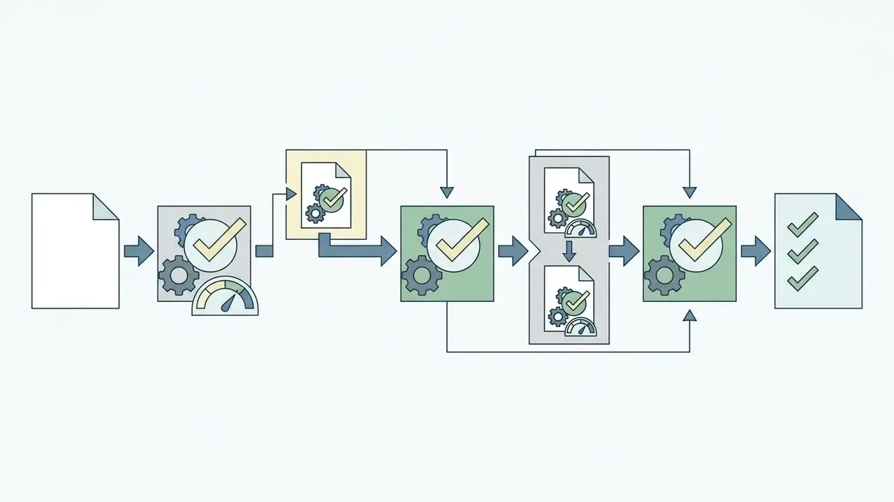 Iterative process diagram showing document inputs passing through gear and checkmark processing stages