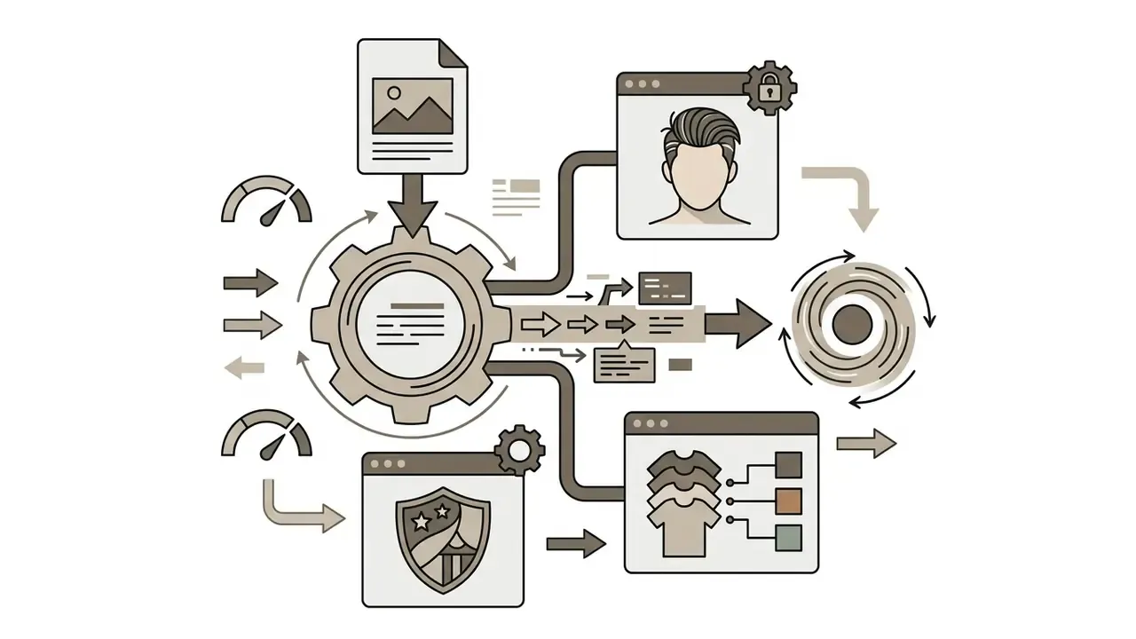 Central gear mechanism processing image inputs into locked facial features and garment color constraints