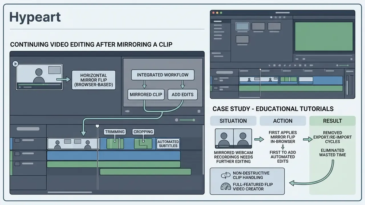 Workflow diagram showing how to flip video online and continue editing with trimming and subtitles