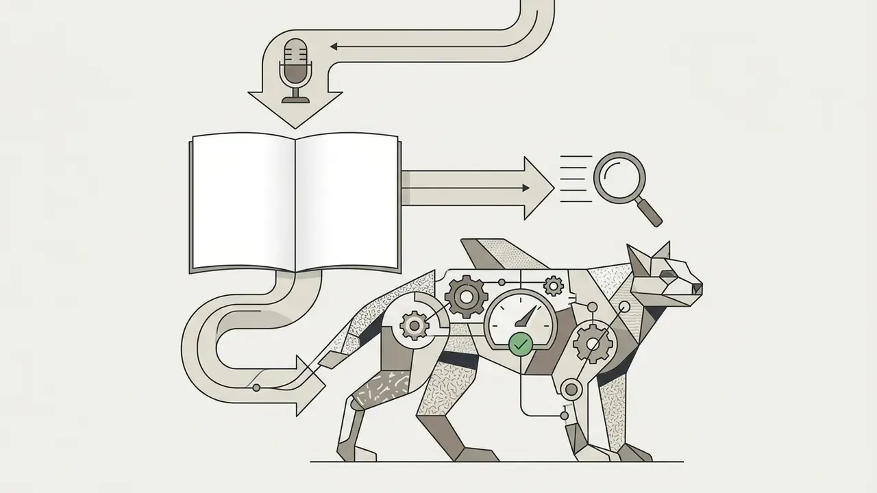 Microphone and open book feeding data into a mechanical fox with gears and a speedometer gauge