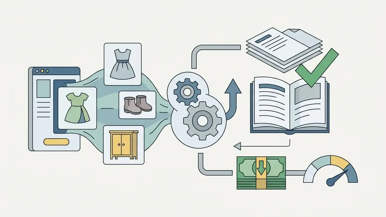 Icons of clothing and furniture flowing through gears into a catalogue with a checkmark and cost gauge