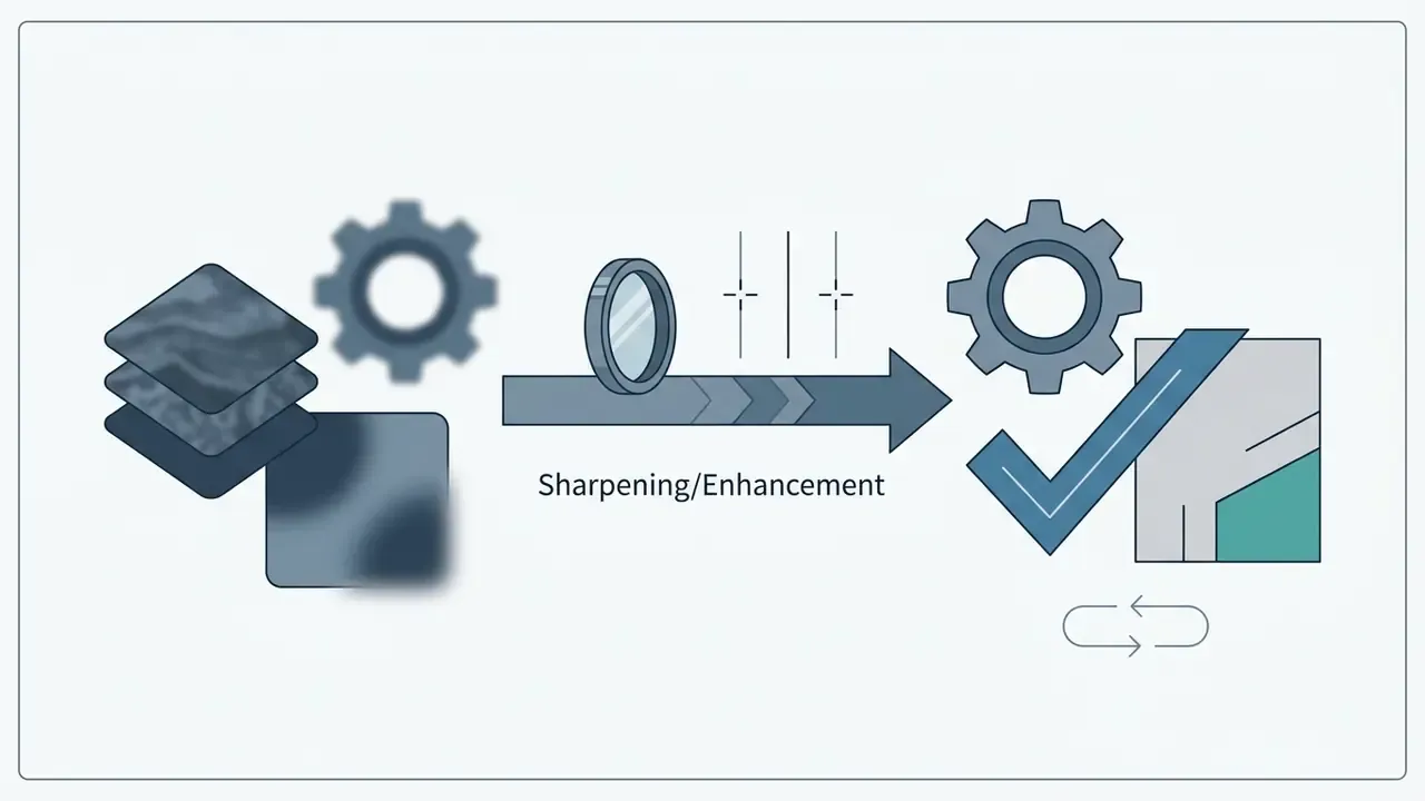 Layers and a gear moving through a sharpening lens toward a checkmark representing image enhancement