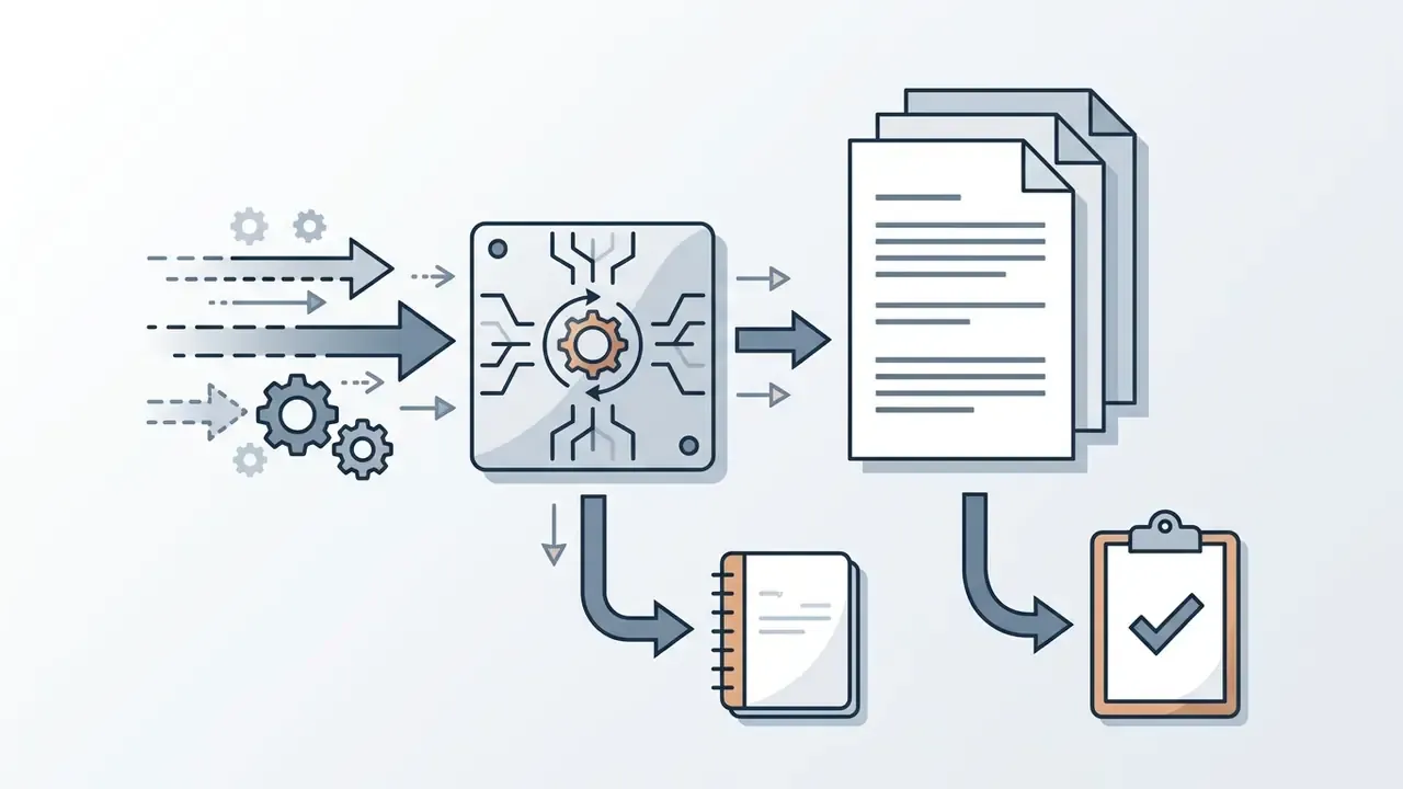 Central processor converting input data into multiple document formats and a checklist