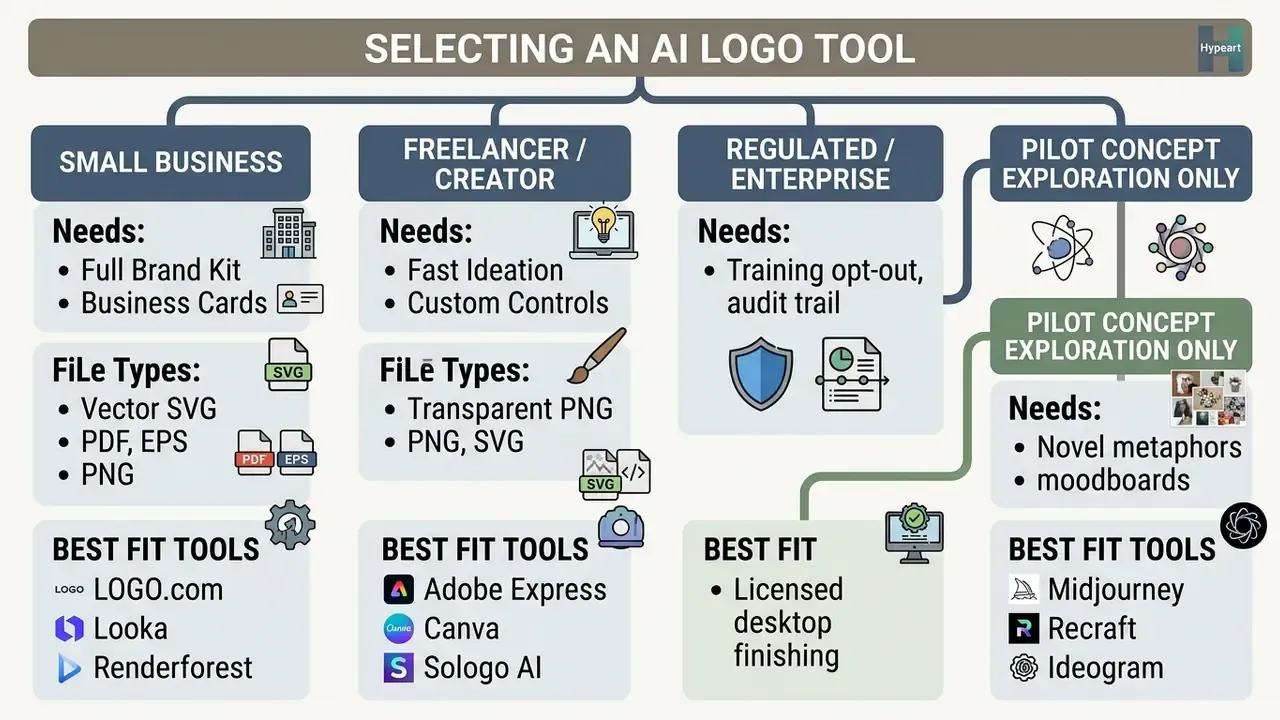 Decision tree mapping AI logo generator tool recommendations based on specific user needs and file formats