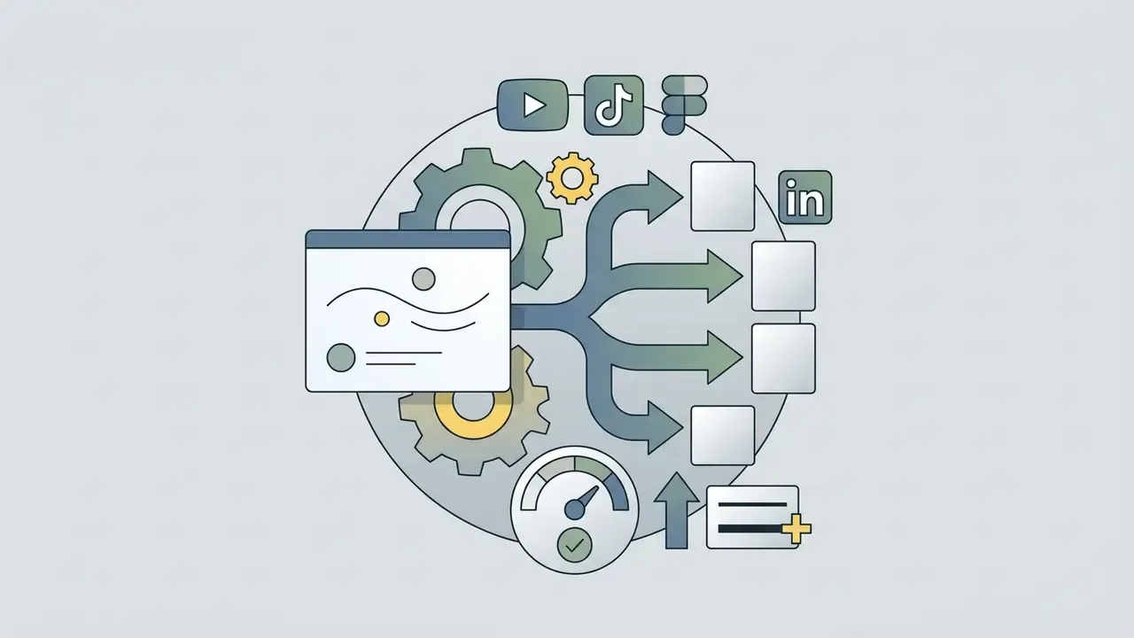 Software interface processing content through gears to distribute files across various social media platforms