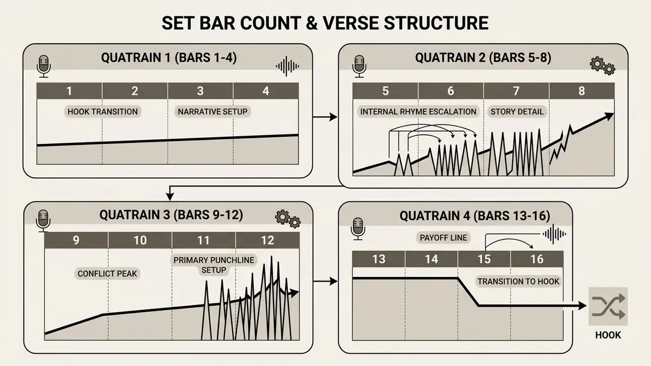 Four sequential boxes mapping rap verse progression from narrative setup through to the final payoff line