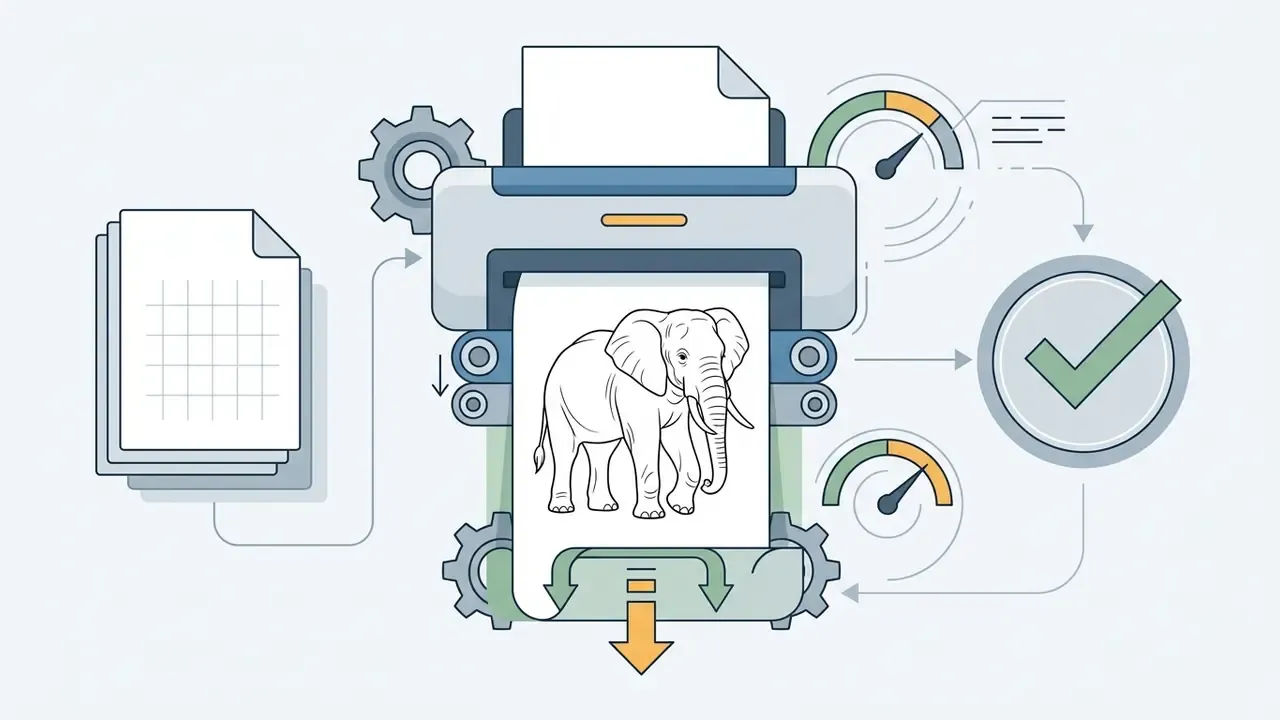 Printer outputting a line art elephant drawing surrounded by gears and process completion icons