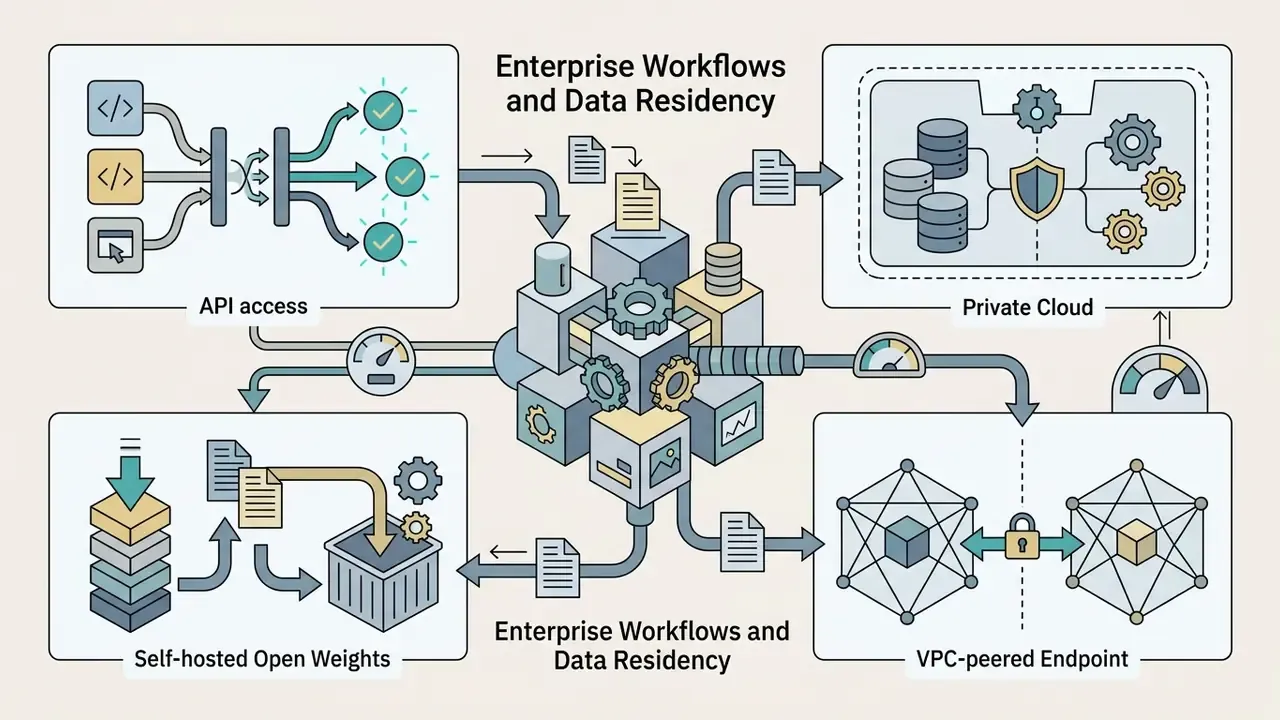 Central gear hub connecting API, private cloud, self-hosted, and VPC-peered deployment models