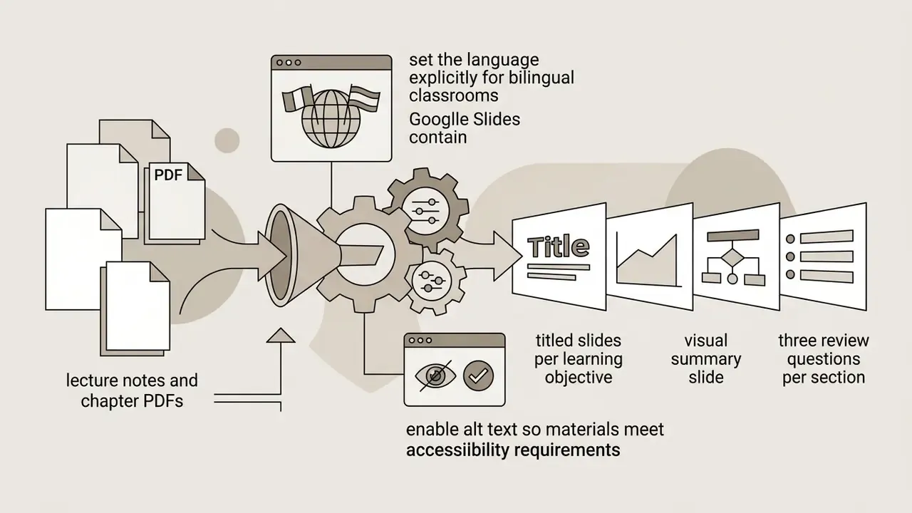 Educational content being processed into structured slides with language settings and accessibility features