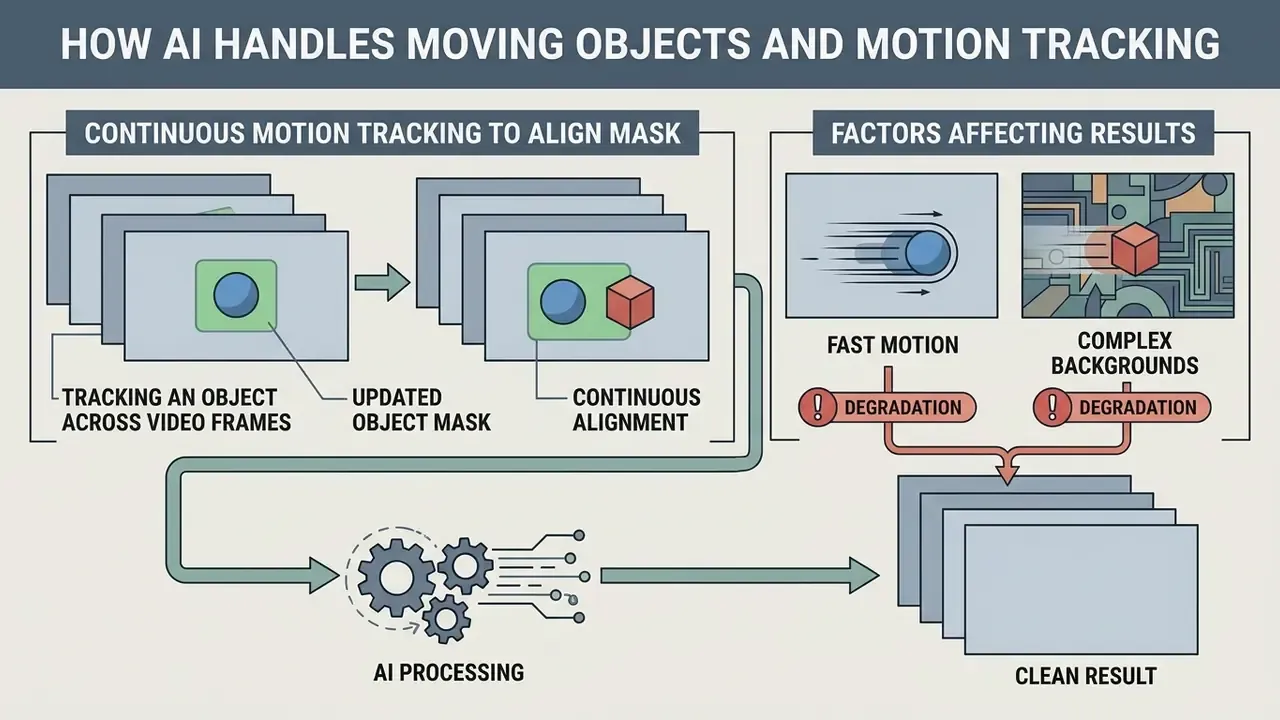 Infographic showing how AI tracks moving objects across video frames and identifies factors causing output errors
