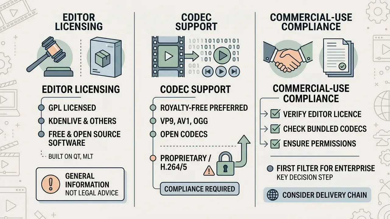 Three-column chart detailing licensing, codec support, and commercial compliance for video software
