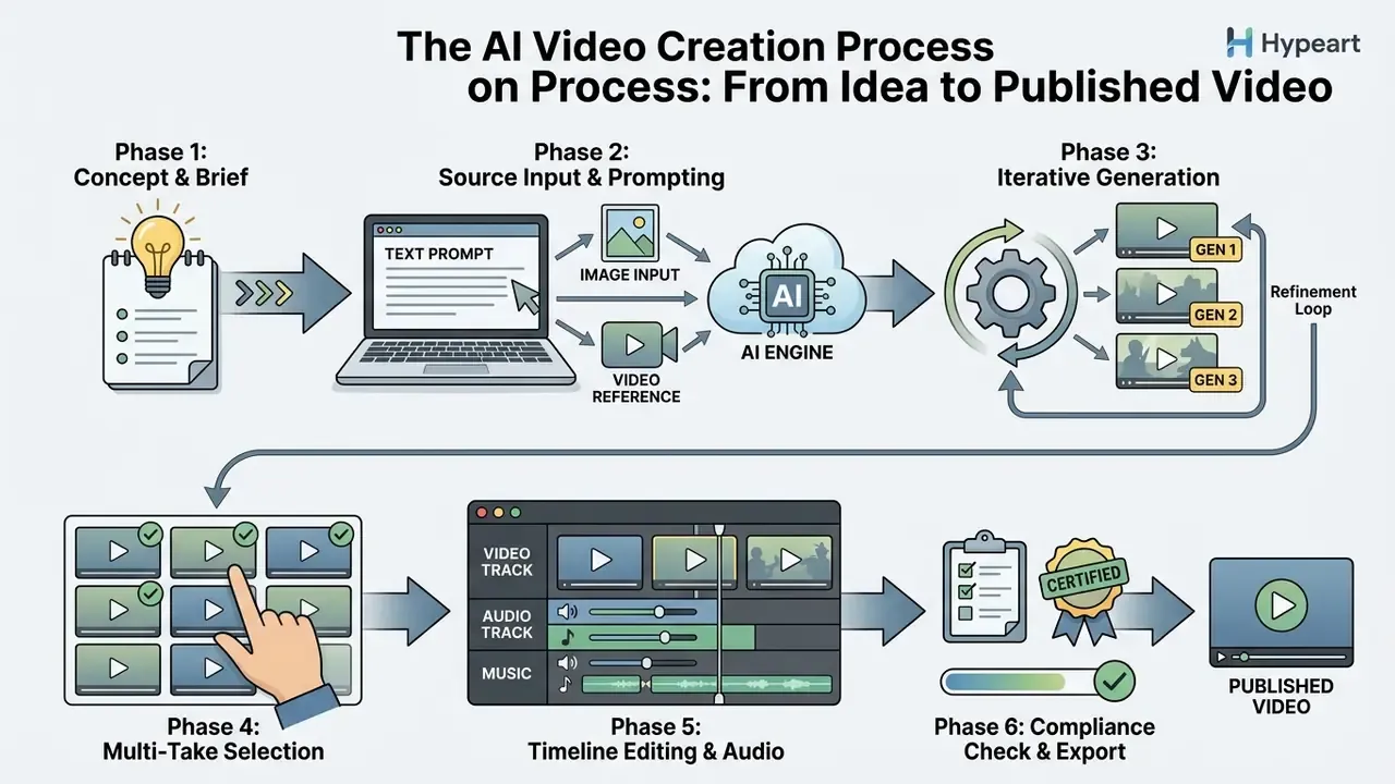 Diagram showing how people make AI videos through sequential steps from concept to final export