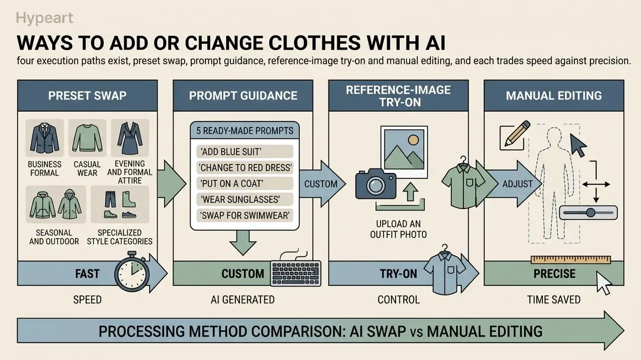 Diagram comparing four AI methods for changing clothes in a photo editor ranging from fast to precise