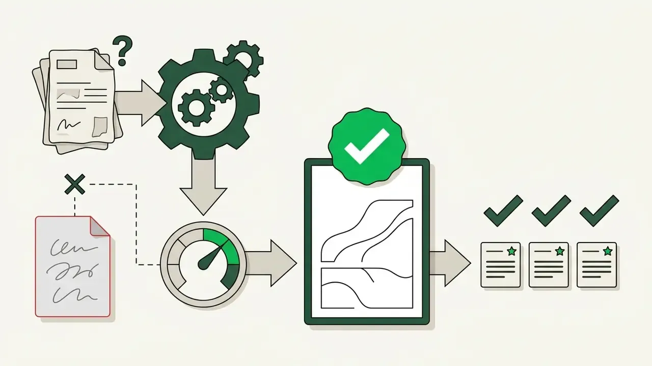 Documents moving through gears and a gauge to reach a checklist and approved output icons