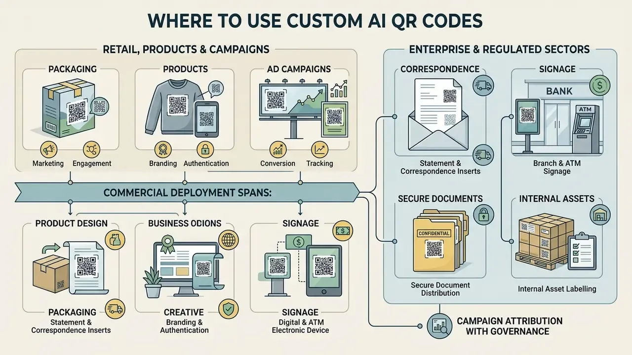 Infographic mapping commercial applications of custom QR codes across retail, enterprise, and logistics
