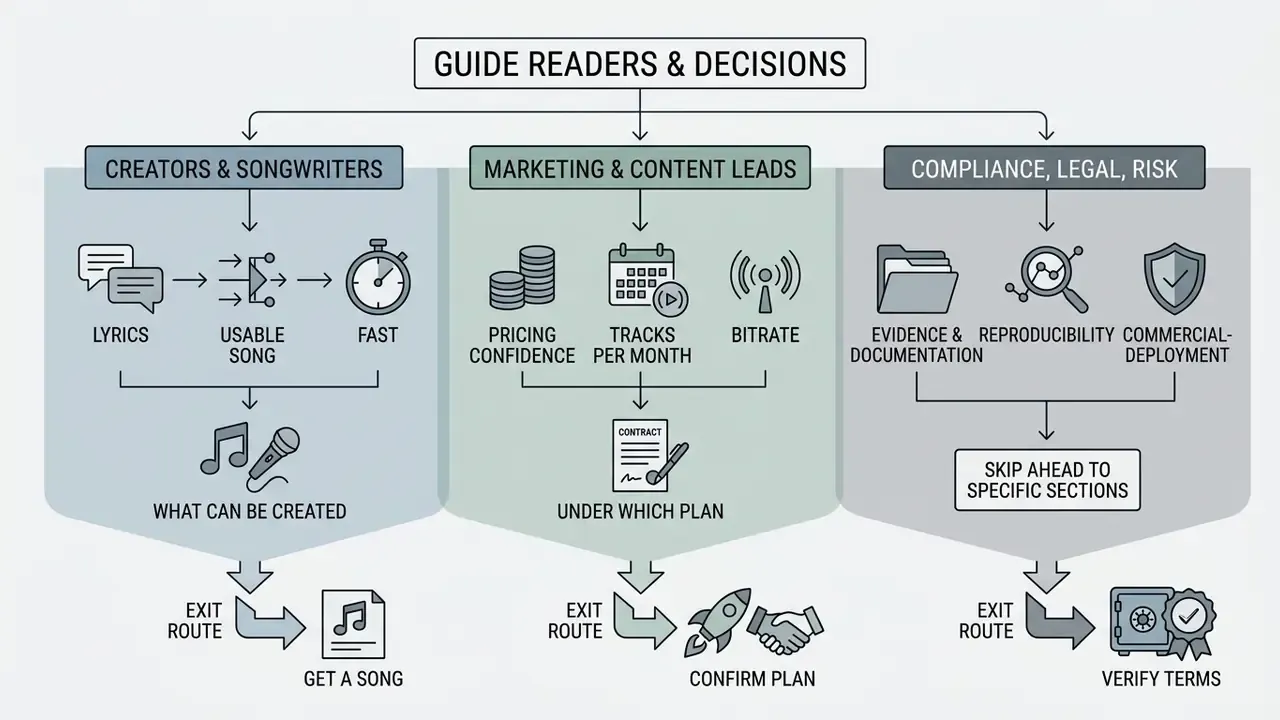 Flowchart showing three distinct paths for creators, marketers, and legal teams using an ai song maker